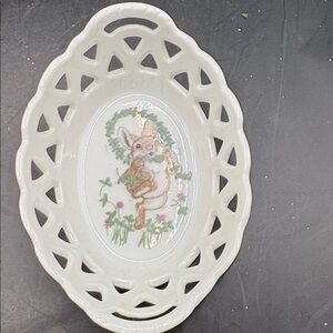 Vintage White Scalloped Reticulated Trinket Dish Bunny